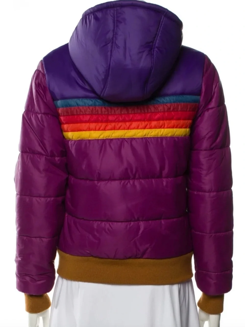 Aviator nation puffer bomber zip up jacket Sherpa hood purple stripes medium